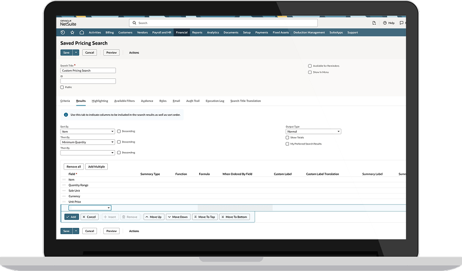 NetSuite Saved Search sample screen