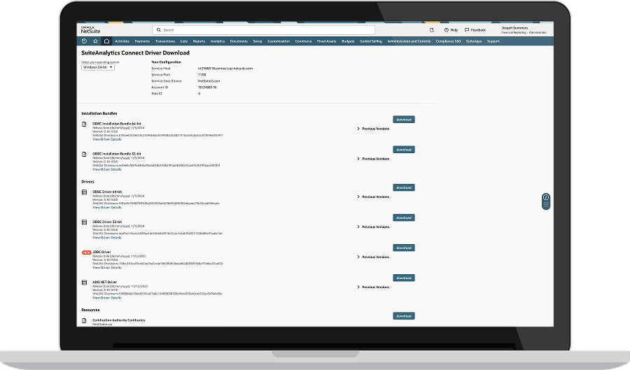 NetSuite SuiteAnalytics connect driver download page