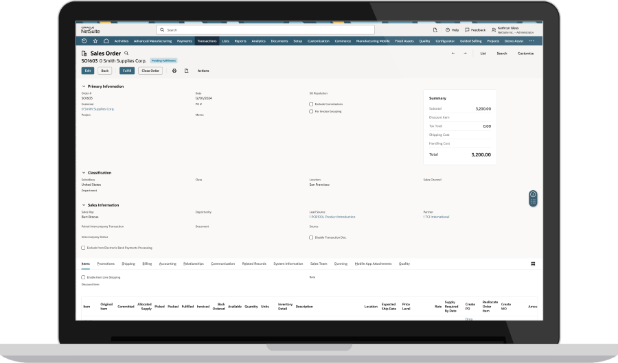 NetSuite sales order dashboard