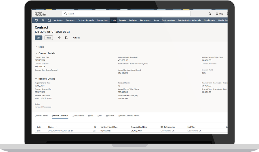 NetSuite contract renewals screen