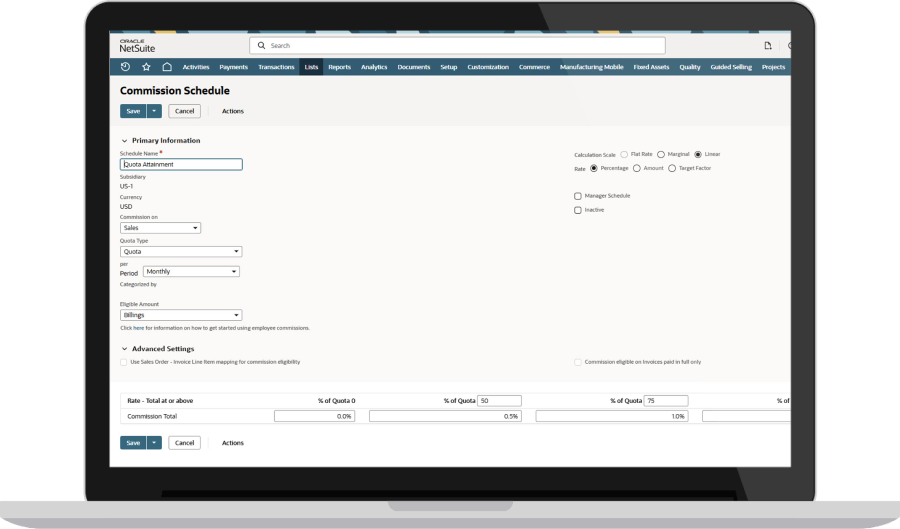NetSuite commission schedule screen