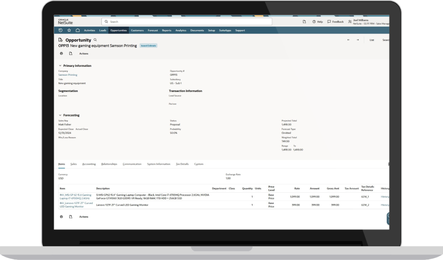 NetSuite opportunities screen