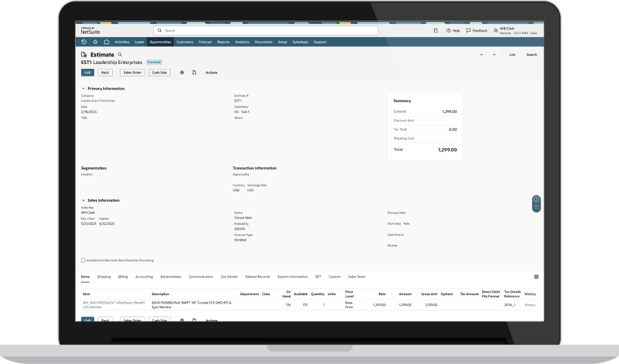 NetSuite opportunity screen