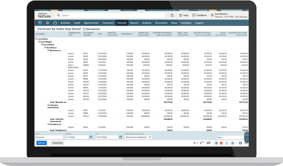 NetSuite forecast by sales rep detail dashboard
