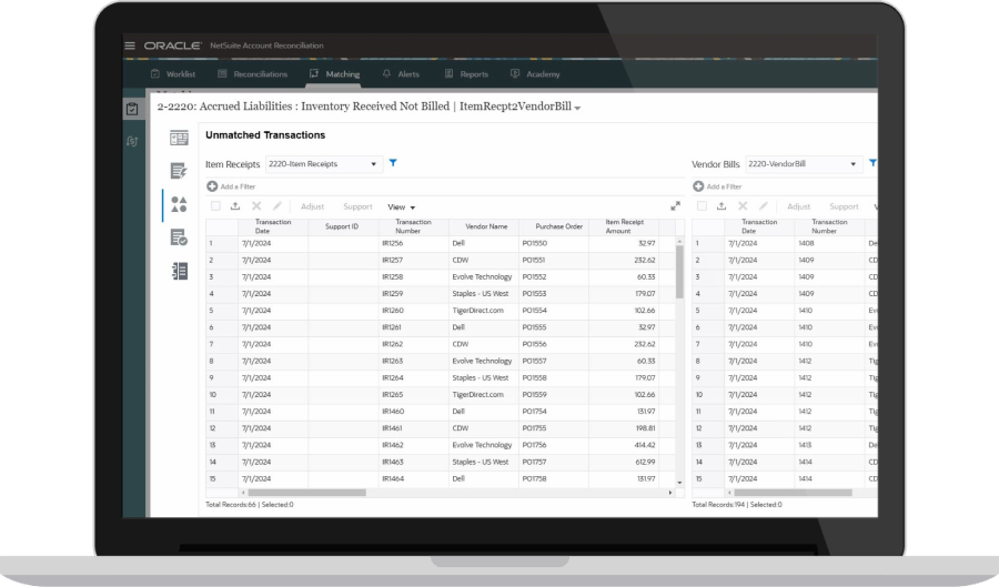 Transaction Matching dashboard