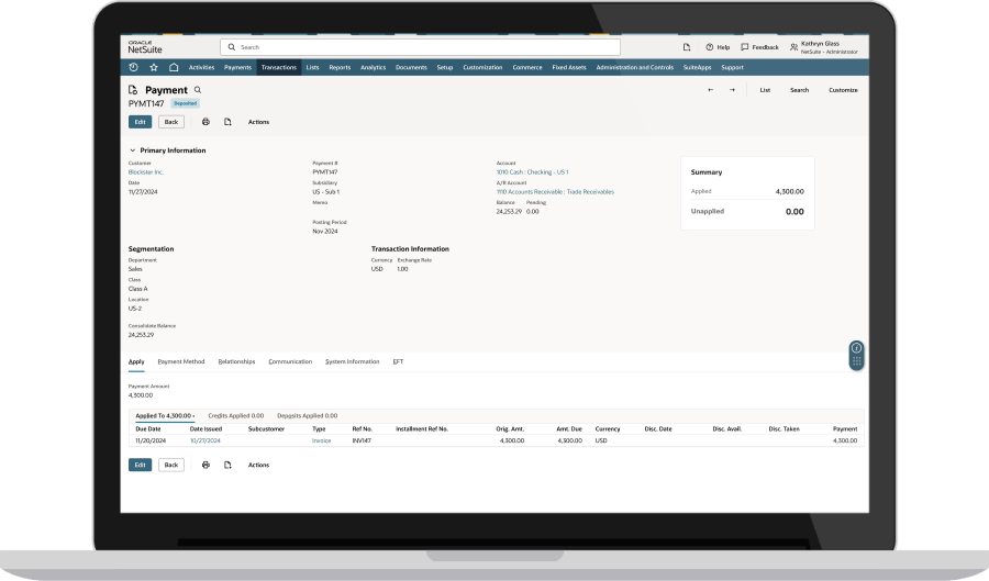 NetSuite Payments dashboard