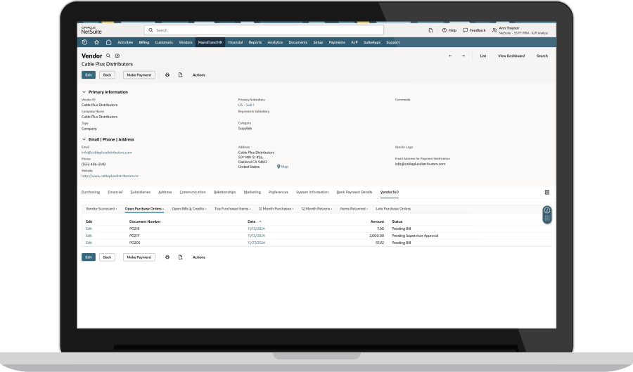 NetSuite Vendor Records dashboard