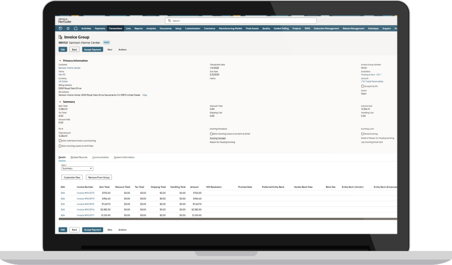 NetSuite Invoice Grouping dashboard