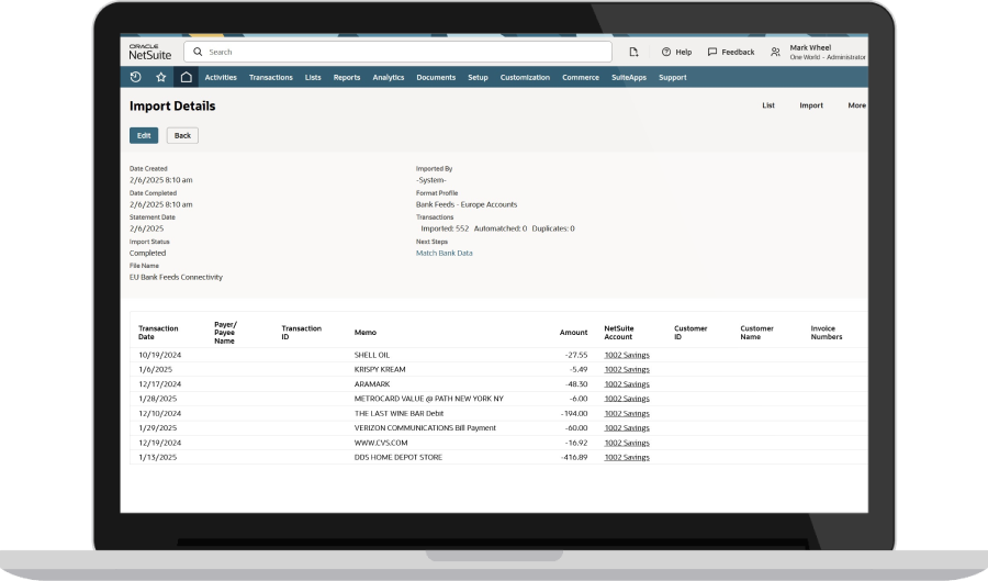 NetSuite Banking Integration dashboard