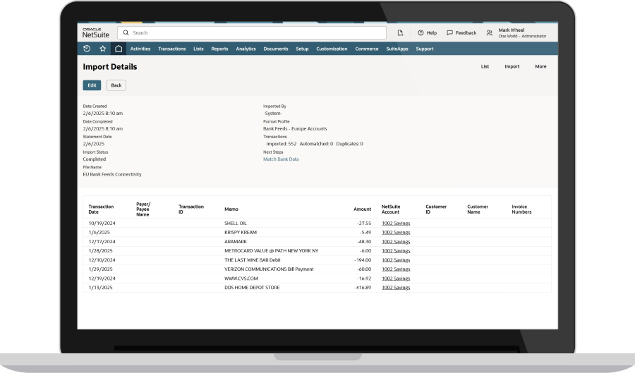 NetSuite Banking Integration dashboard