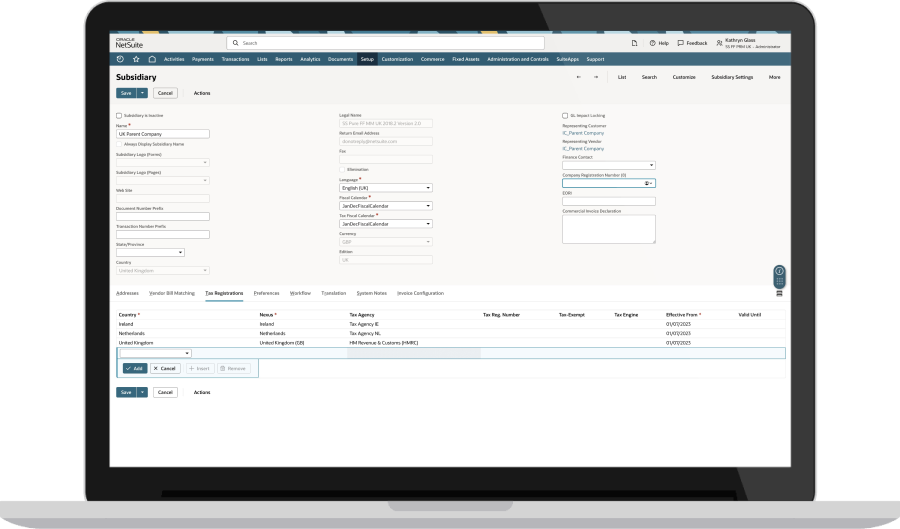 NetSuite Multiple Currencies & Tax Structures dashboard