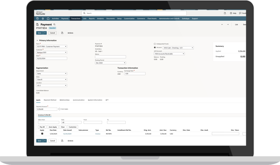 NetSuite Payment Management dashboard