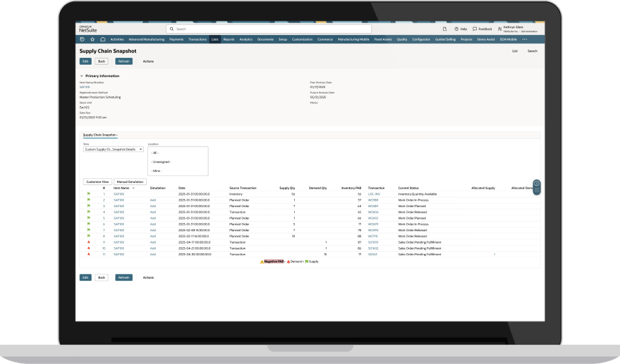 NetSuite supply chain snapshot