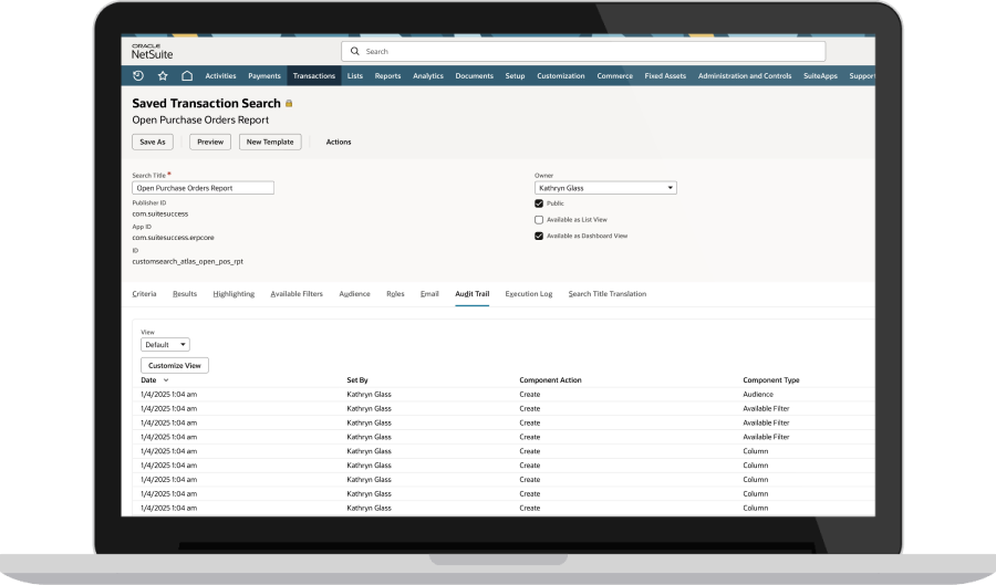 NetSuite Audit and Compliance Reporting Dashboard.