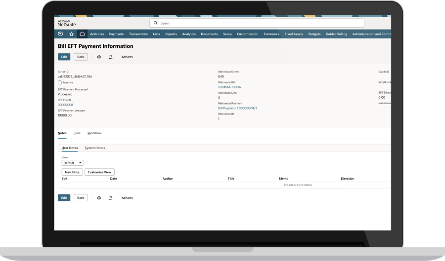 NetSuite Electronic Payments Dashboard.