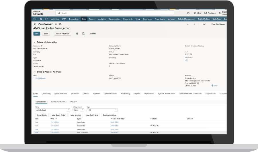 NetSuite's customer details page